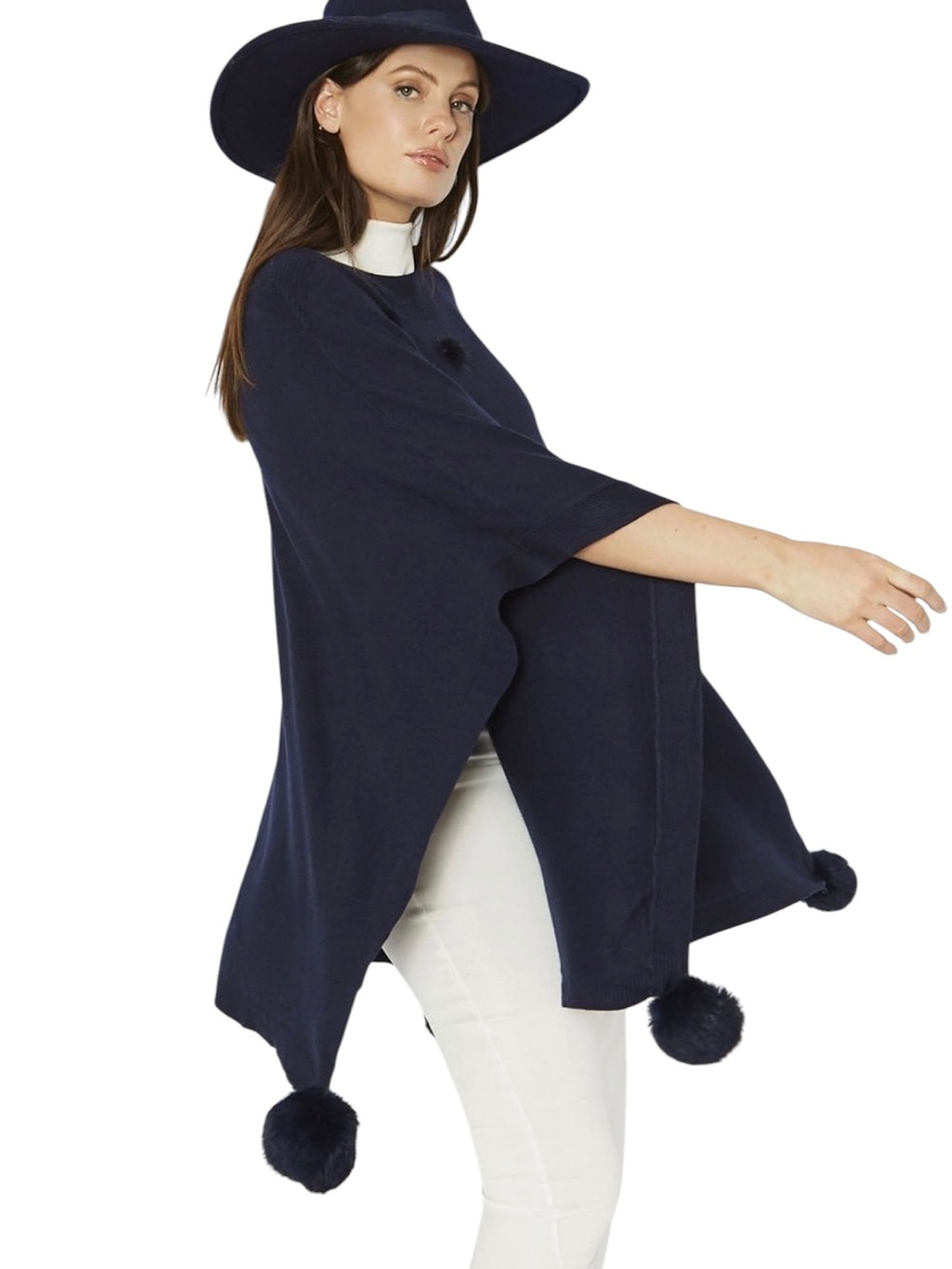 NWT Jayley navy wool blend knit faux fur Pom-Pom Poncho one size